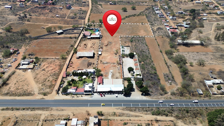 aerial view of 2.14 hectare private property with arrow over agave maguey growing fields for mezcal production