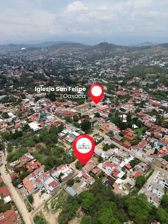 aerial photo showing house for sale near the church inglesia of San Felipe del Agua, Oaxaca, Mexico