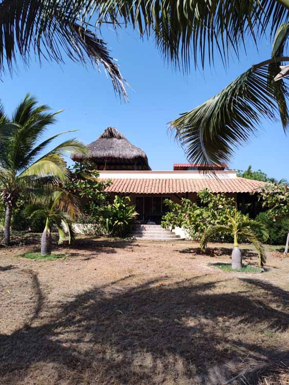 beach home for sale exterior with palapa and palm trees