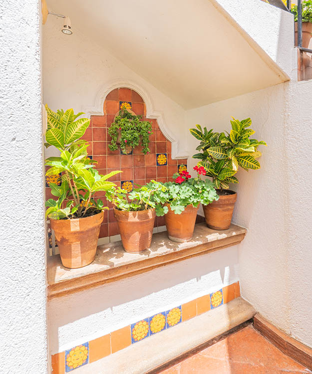 water fountain with tilework in Oaxaca home courtyard patio