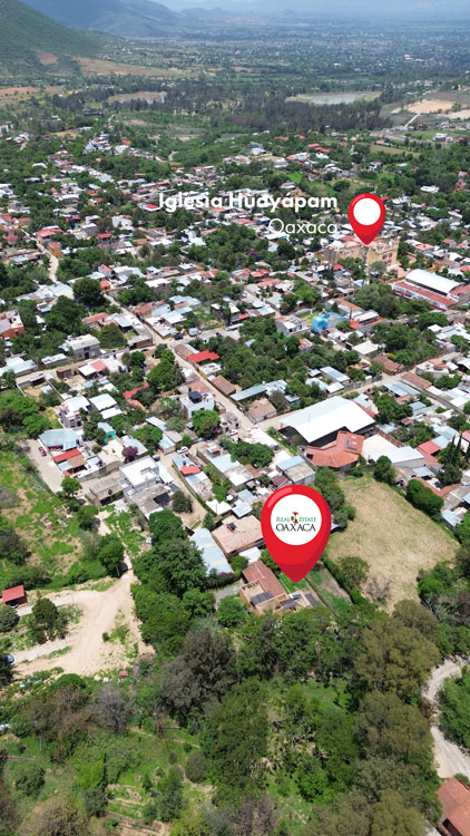 aerial photo showing house for sale near the church inglesia of huayampam, Oaxaca, Mexico