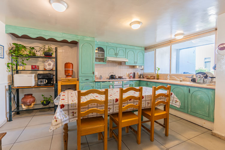 kitchen with wooden cabinets painted green