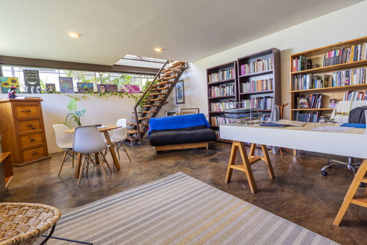 cosy basement study library with bookshelves