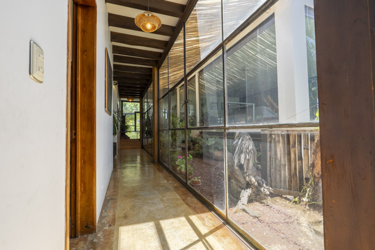 celing height windows along hallway facing central garden