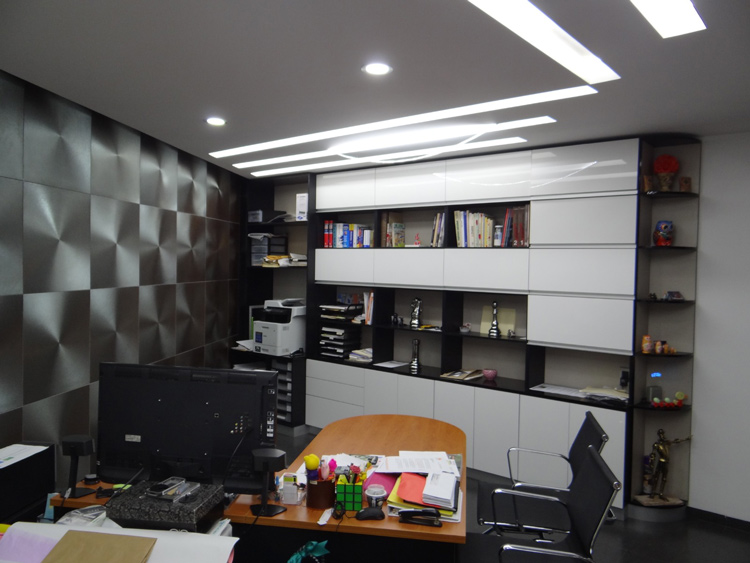 modern study with desk and bookshelves